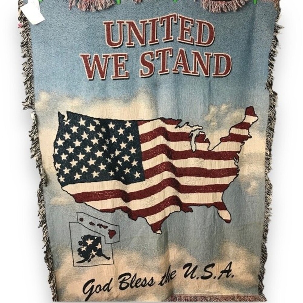 NWT Vintage Manual Woodworkers Weavers United We Stand God Bless The USA Blanket